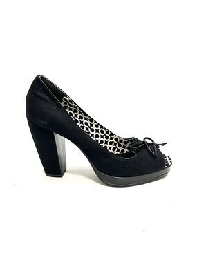 COACH | Vintage Y2K deadstock black fabric lace up bow peep toe platform heels